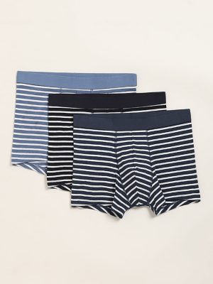 WES Lounge Navy Striped Cotton-Blend Relaxed Fit Trunks - Pack of 3