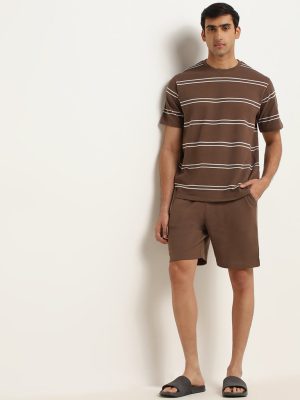 WES Lounge Brown Textured Cotton-Blend Relaxed Fit Shorts