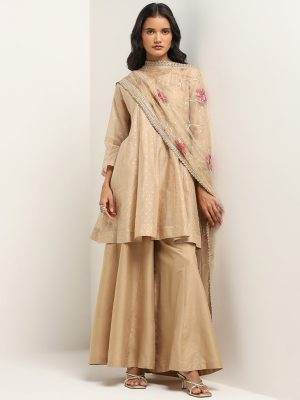 Vark Beige A-Line Kurta. High-Rise Palazzos & Dupatta Set