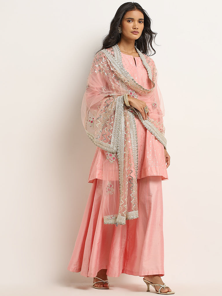 Vark Pink Printed A-Line Kurti. Palazzos & Dupatta Set - Image 3
