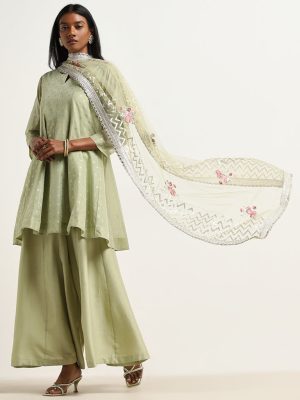 Vark Sage A-Line Kurti. Mid-Rise Palazzos & Dupatta Set