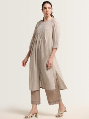 Utsa Beige Crochet-Detailed Cotton Ethnic Pants