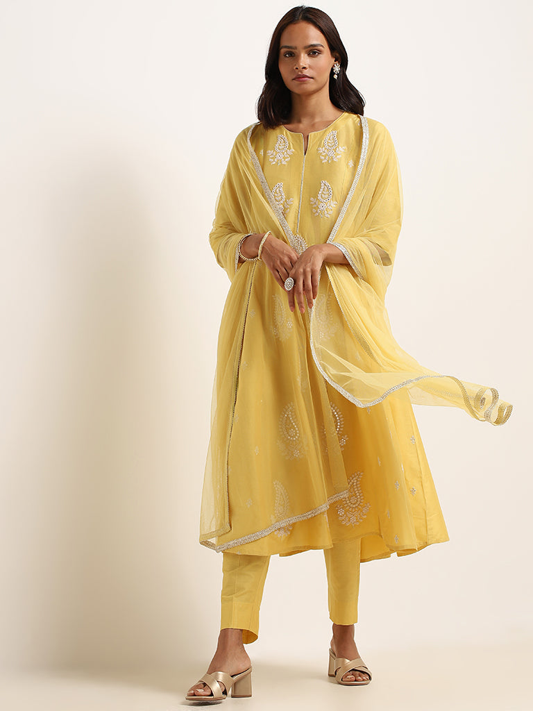 Vark Yellow Embroidered Kurta Set - Image 3