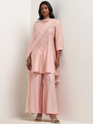 Vark Light Pink Floral Embroidered A-line Kurti. Palazzos and Dupatta Set