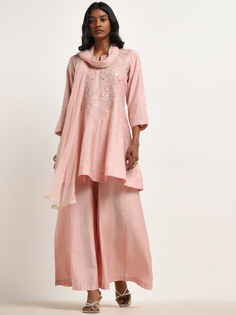 Vark Light Pink Floral Embroidered A-line Kurti. Palazzos and Dupatta Set - Image 4