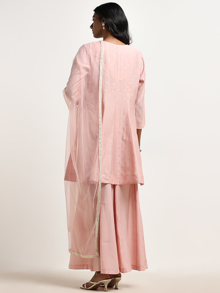 Vark Light Pink Floral Embroidered A-line Kurti. Palazzos and Dupatta Set - Image 5