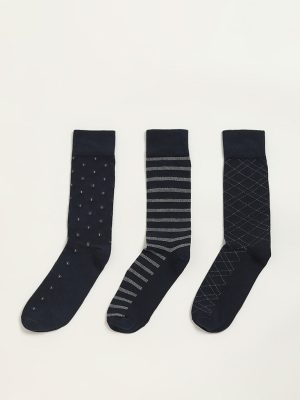 WES Lounge Navy Printed Cotton-Blend Full Length Socks - Pack of 3