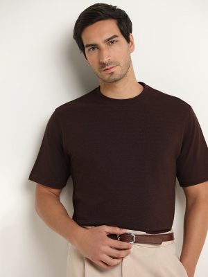 WES Lounge Brown Textured Relaxed Fit Linen-Blend T-Shirt