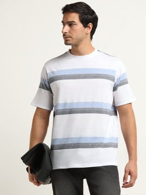 WES Lounge Blue Striped Cotton-Blend Relaxed Fit T-Shirt