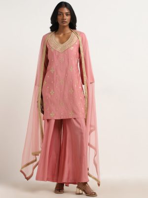 Vark Dusty Pink Embellished Kurti. Palazzos and Dupatta Set