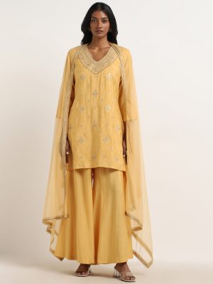 Vark Yellow Embellished Kurti. Palazzos and Dupatta Set
