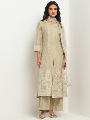 Vark Beige Embroidered A-Line Kurta. Pants and Dupatta Set