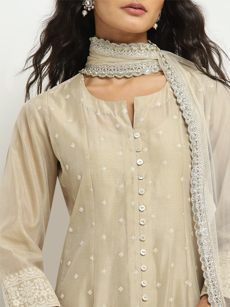 Vark Beige Embroidered A-Line Kurta. Pants and Dupatta Set - Image 2