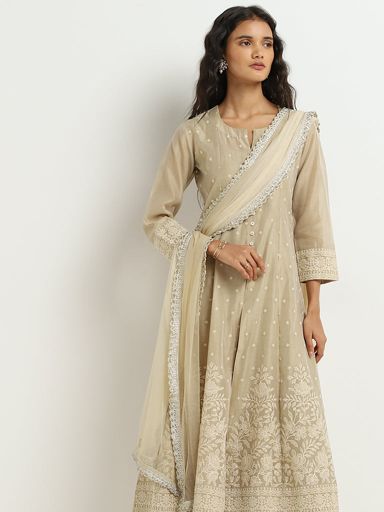 Vark Beige Embroidered A-Line Kurta. Pants and Dupatta Set - Image 3