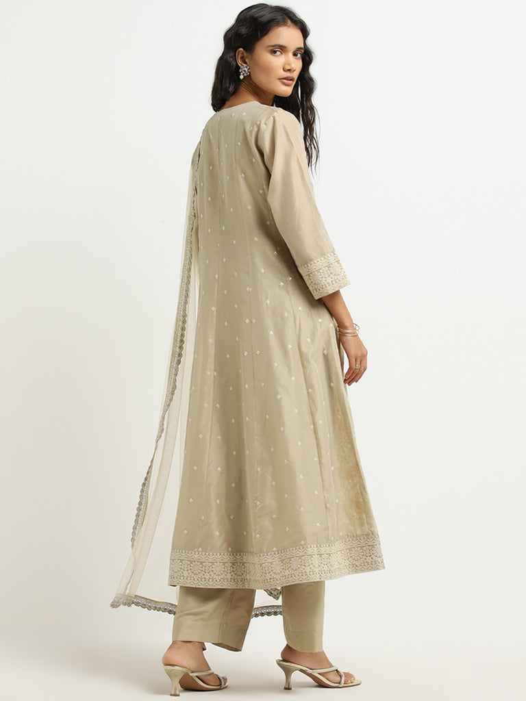 Vark Beige Embroidered A-Line Kurta. Pants and Dupatta Set - Image 4