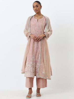 Vark Blush Pink Embroidered Kurta. Pants and Dupatta Set