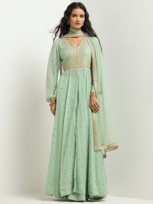 Vark Sea Green Embellished Kurta. Skirt and Dupatta Set
