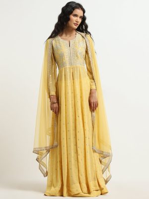 Vark Yellow Embellished Kurta. Skirt and Dupatta Set
