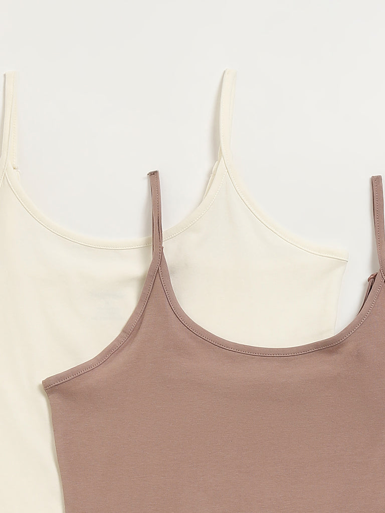 Wunderlove Off-White Cotton-Blend Camisoles - Pack of 2 - Image 6