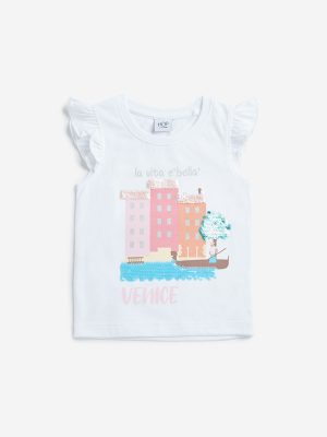 HOP Kids White Text Pattern Ruffle Sleeve Cotton Top