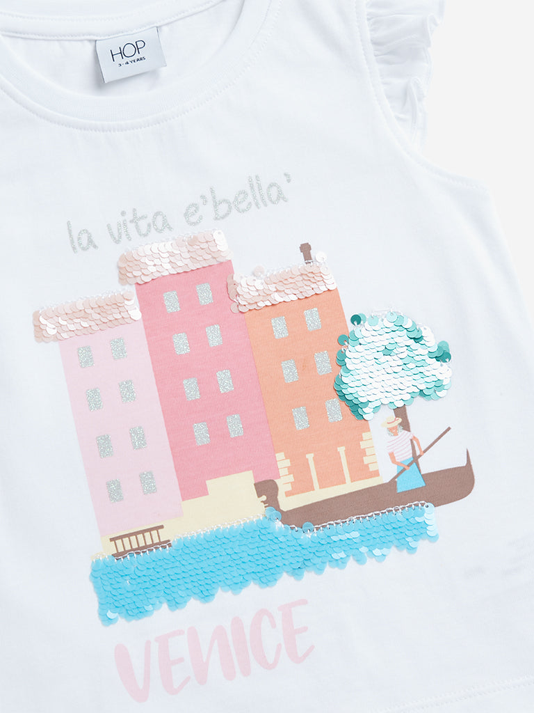 HOP Kids White Text Pattern Ruffle Sleeve Cotton Top - Image 4