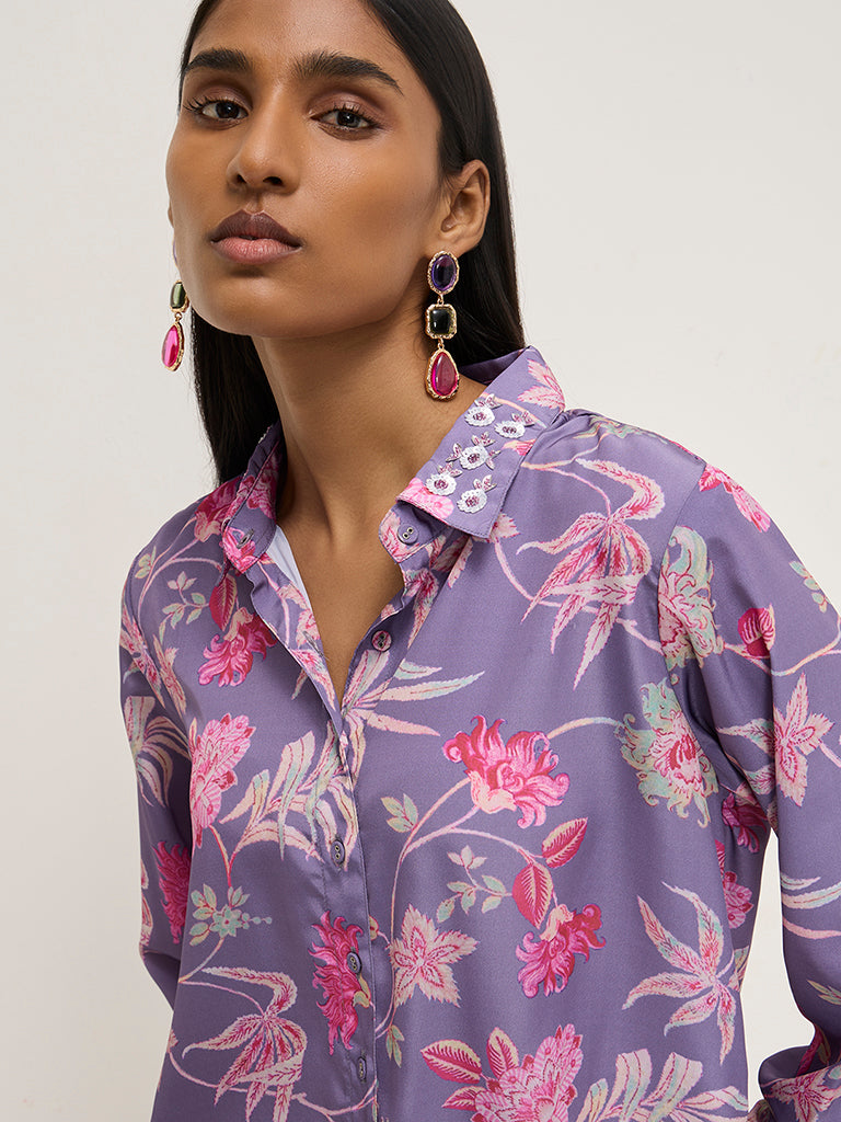 Vark Purple Floral Printed High-Low Tunic and Pants Set - Image 2