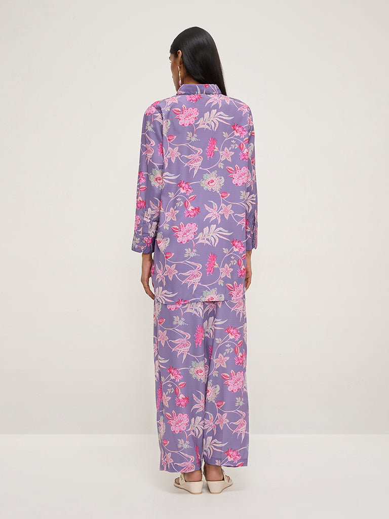 Vark Purple Floral Printed High-Low Tunic and Pants Set - Image 4