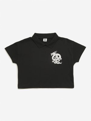 Y&F Kids Black Dragon Design Polo Crop Cotton T-Shirt