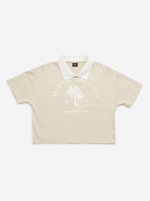 Y&F Kids Beige Text Design Polo Crop Cotton T-Shirt