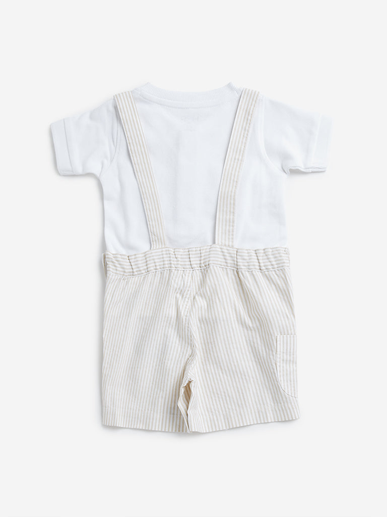 HOP Baby Beige Striped Dungaree with T-Shirt Set - Image 2