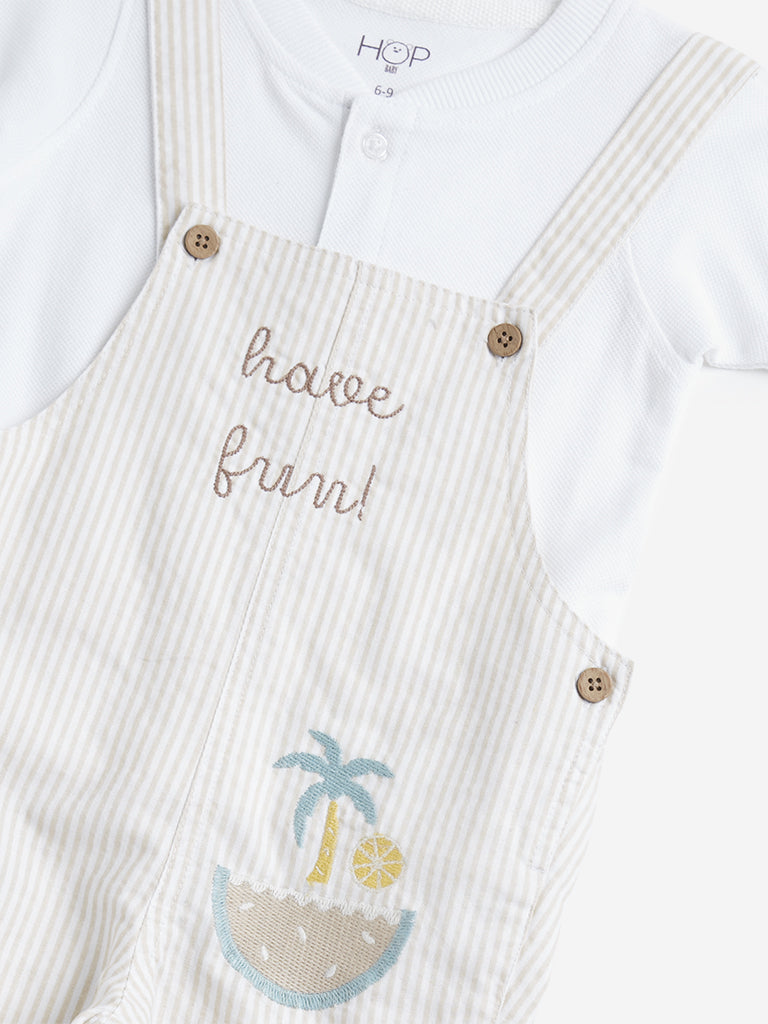 HOP Baby Beige Striped Dungaree with T-Shirt Set - Image 3