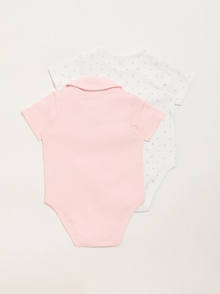 HOP Baby Pink & White Printed Rompers with Bib - Pack of 2 - Image 2