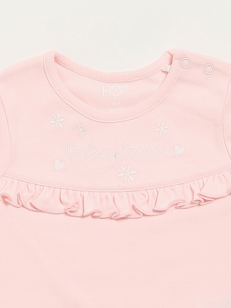 HOP Baby Pink & White Printed Rompers with Bib - Pack of 2 - Image 3