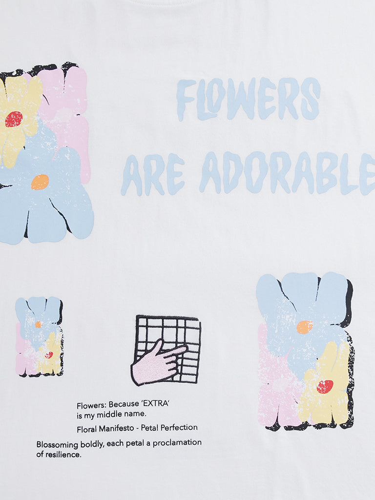 Y&F Kids Off White Embossed Slogan Print Cotton T-Shirt - Image 3