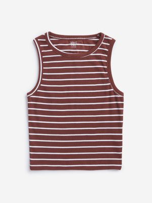 Y&F Kids Brown Ribbed Design Cotton Tank Top