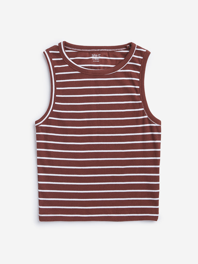 Y&F Kids Brown Ribbed Design Cotton Tank Top