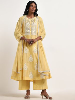 Vark Yellow Embroidered Kurta. Inner. Pants & Dupatta Set