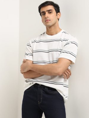 WES Lounge White Stripe Printed Cotton T-Shirt