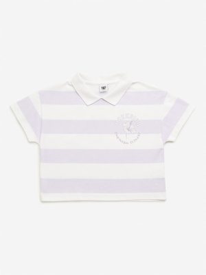 Y&F Kids Lilac Stripes Printed Polo Crop Cotton T-Shirt