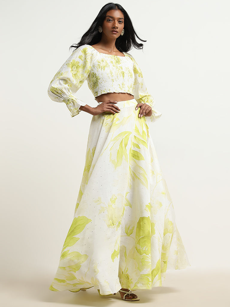 Vark Lime Floral Smocked Top and Skirt Set