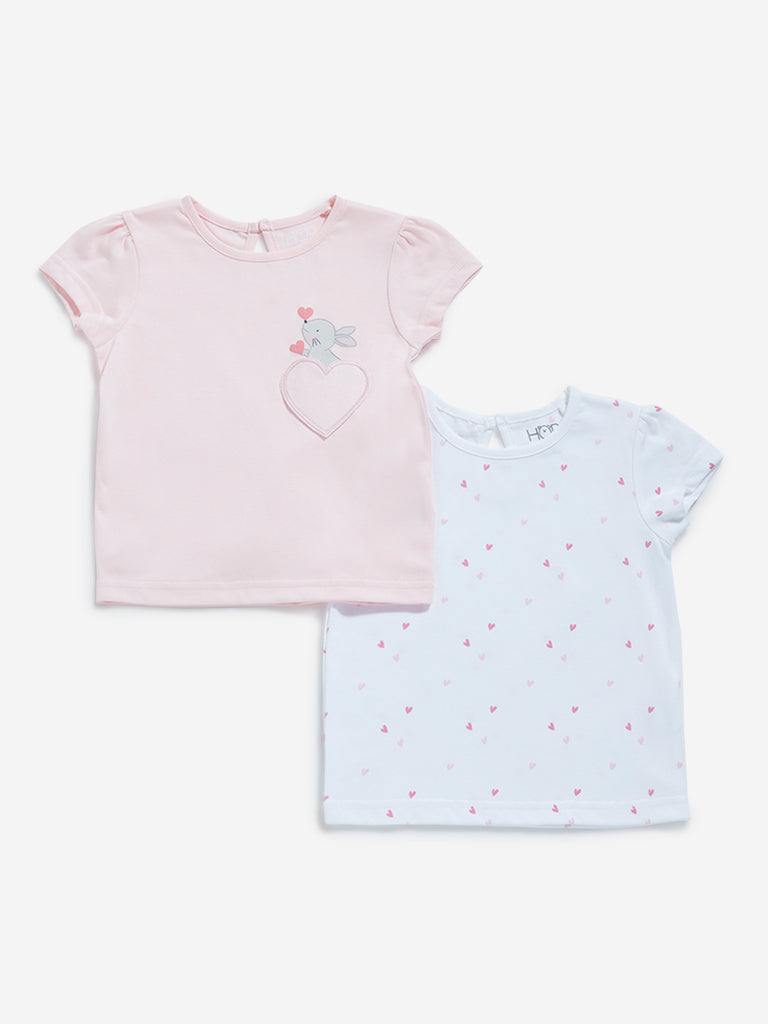 HOP Baby White & Light Pink Cotton T-Shirts - Pack of 2