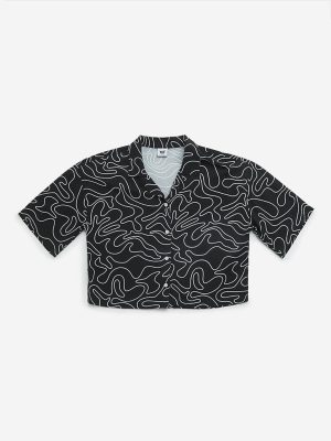 Y&F Kids Black Abstract Print Cotton-Blend Cropped Shirt
