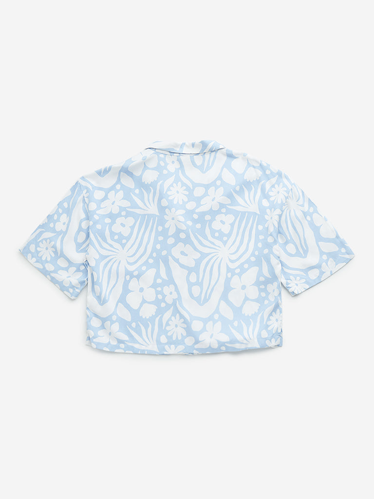 Y&F Kids Blue Floral Print Cotton Cropped Shirt - Image 3