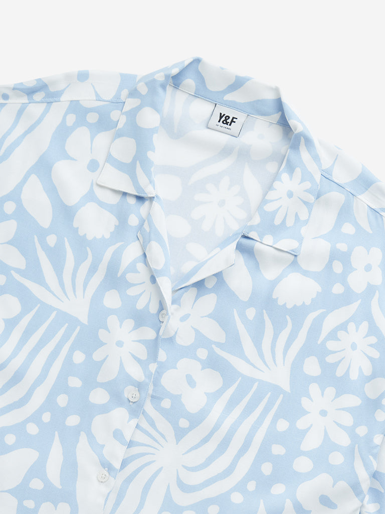 Y&F Kids Blue Floral Print Cotton Cropped Shirt - Image 4
