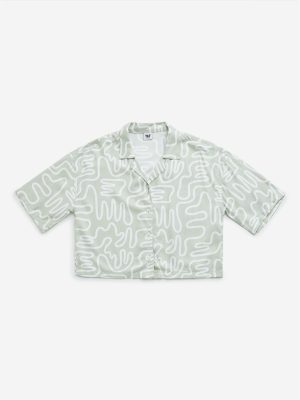 Y&F Kids Sage Abstract Print Cotton-Blend Cropped Shirt