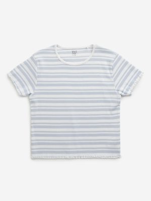 Y&F Kids Blue Stripe Printed Cotton T-Shirt