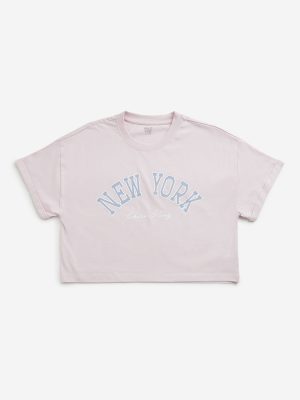 Y&F Kids Pink Text Design Cropped Cotton T-Shirt