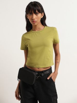 Nuon Solid Green Cotton-Blend Crop T-Shirt
