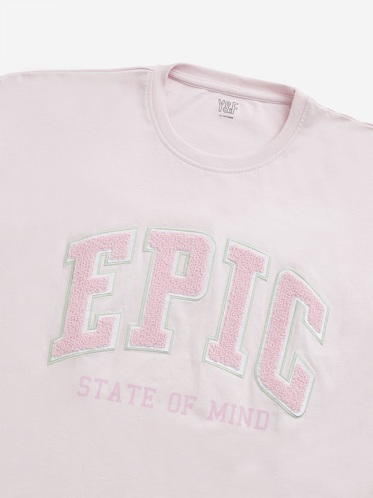 Y&F Kids Pink Text Embroidered Cotton T-Shirt - Image 3