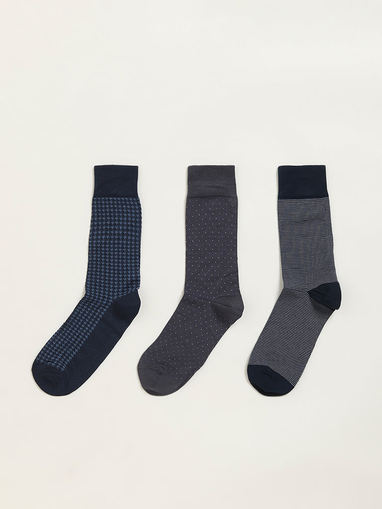 WES Lounge Multicolour Printed Cotton-Blend Full Length Socks - Pack of 3